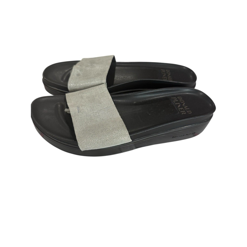 Donald Pliner Wedge Sandals Women 9 Silver Black Metallic Slide Toe Loop